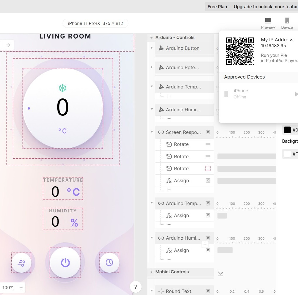 ProtoPie interface (temperature/humidity dial) and QR code to import and use ProtoPie Connect.