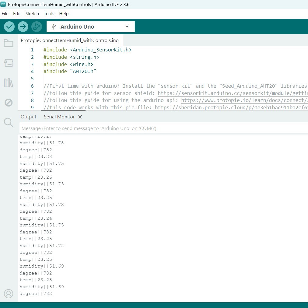 Arduino IDE sketch where serial monitor is displaying live output of temp, humidity, and degree values.