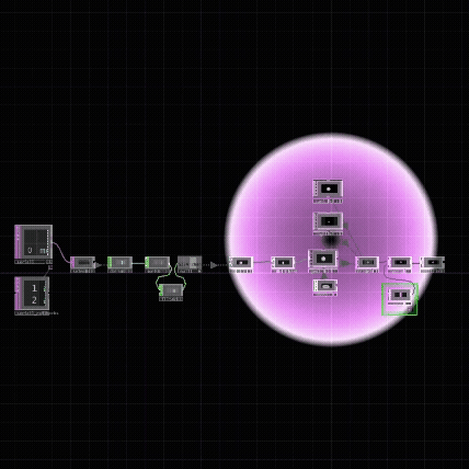 TouchDesigner interface with chain including sphere, transform, geo, render, light, cam, phong, etc. Dial values are adjusting the 3D visual's size making the sphere responsive to the physical movement of the dial.