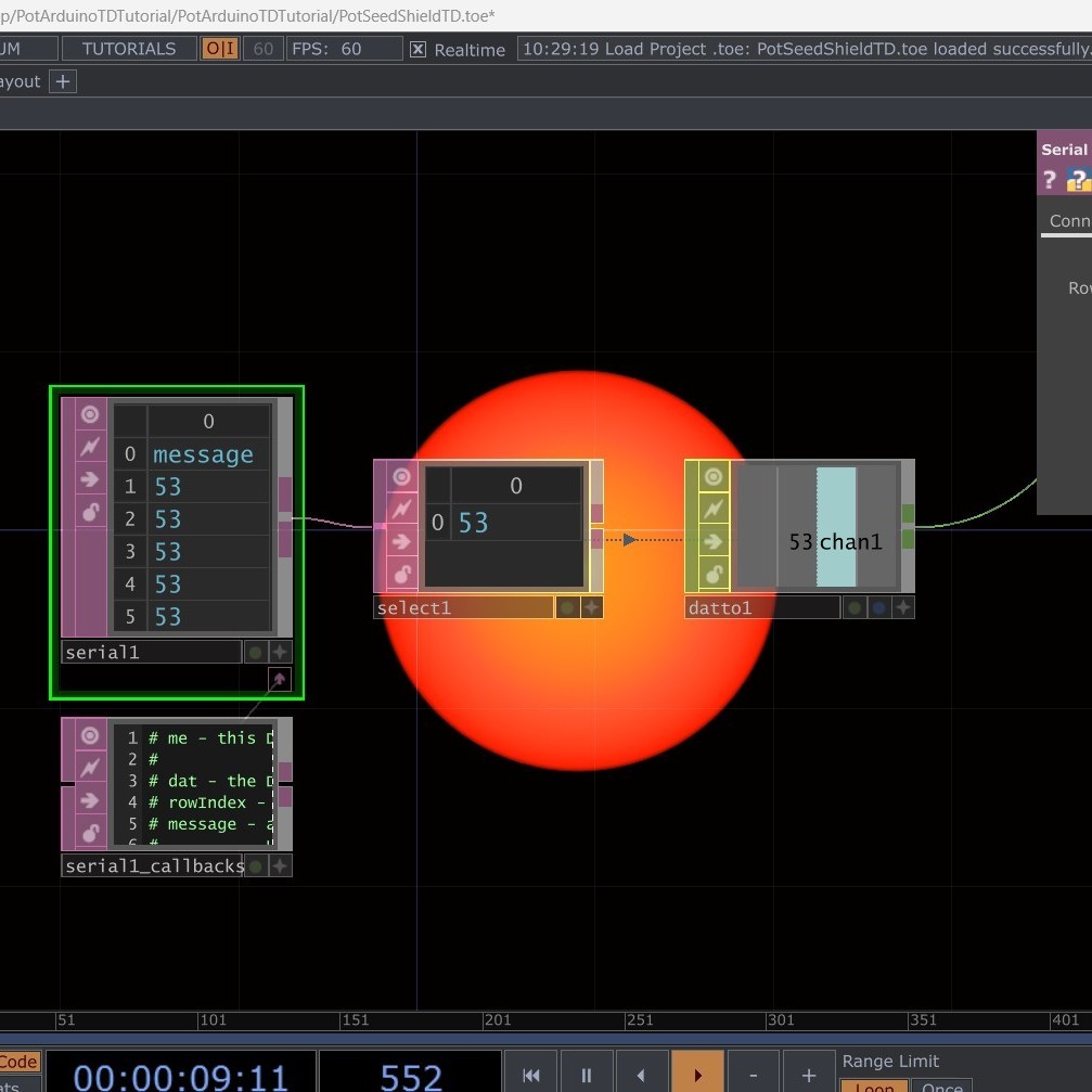 TouchDesigner interface with dial values being converted into usable data.